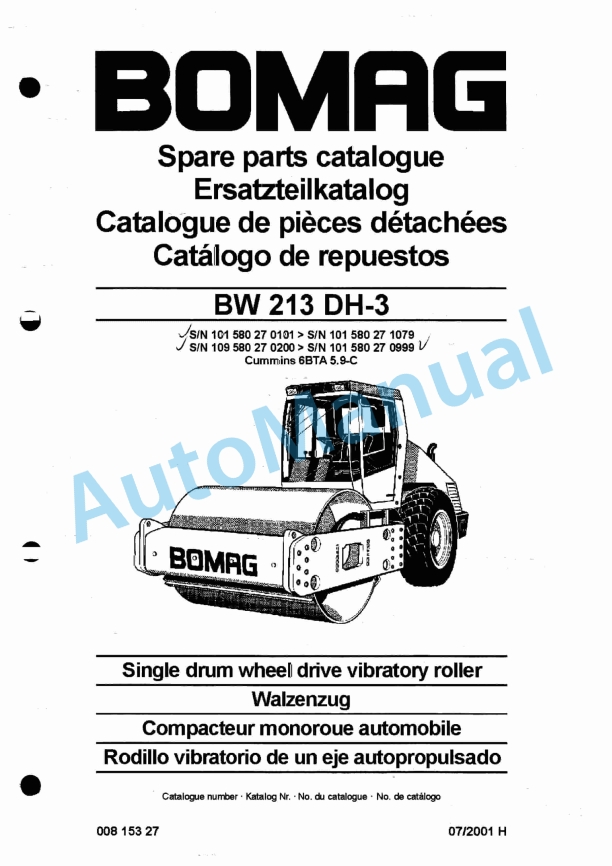 Bomag BW 213 DH-3 Single Drum Wheel Drive Vibratory Roller Spare Parts Catalogue 00815327