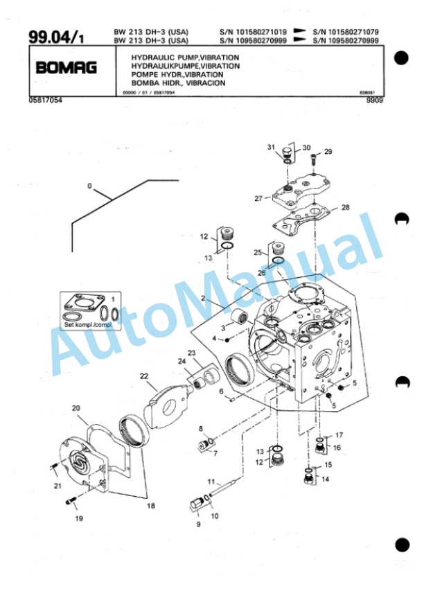 Bomag BW 213 DH-3 Single Drum Wheel Drive Vibratory Roller Spare Parts Catalogue 00815327-2