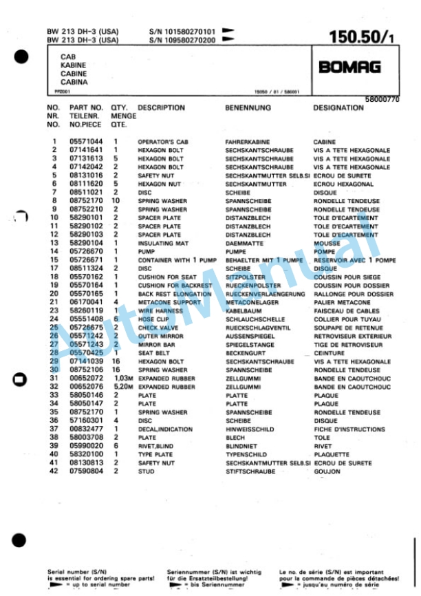 Bomag BW 213 DH-3 Single Drum Wheel Drive Vibratory Roller Spare Parts Catalogue 00815327-3