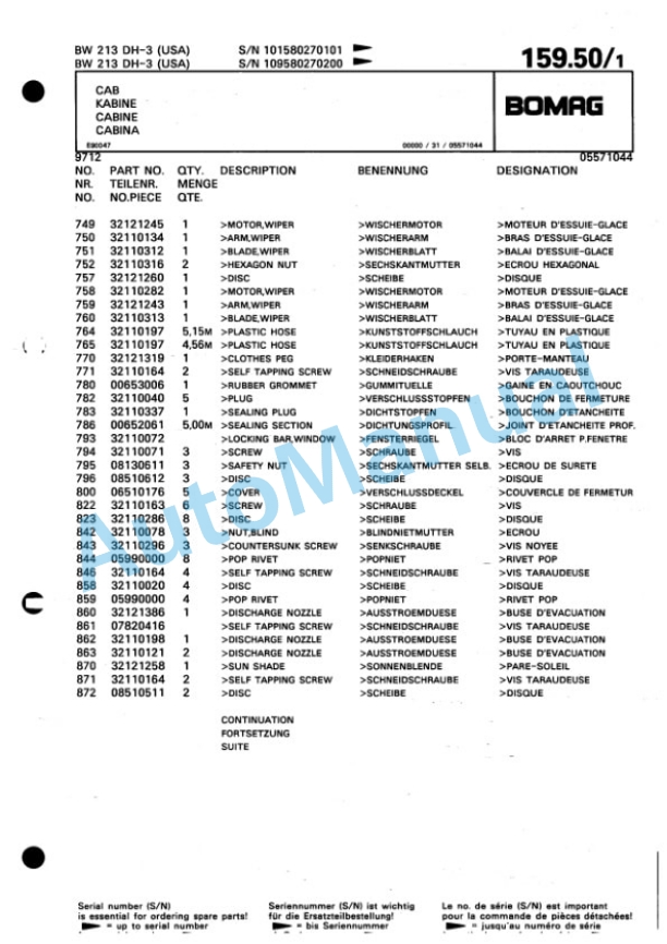 Bomag BW 213 DH-3 Single Drum Wheel Drive Vibratory Roller Spare Parts Catalogue 00815327-4