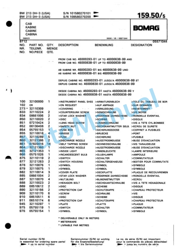 Bomag BW 213 DH-3 Single Drum Wheel Drive Vibratory Roller Spare Parts Catalogue 00815327-5