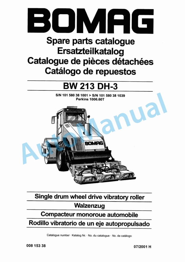 Bomag BW 213 DH-3 Single Drum Wheel Drive Vibratory Roller Spare Parts Catalogue 00815338