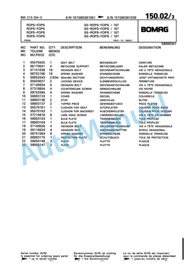 Bomag BW 213 DH-3 Single Drum Wheel Drive Vibratory Roller Spare Parts Catalogue 00815338-3