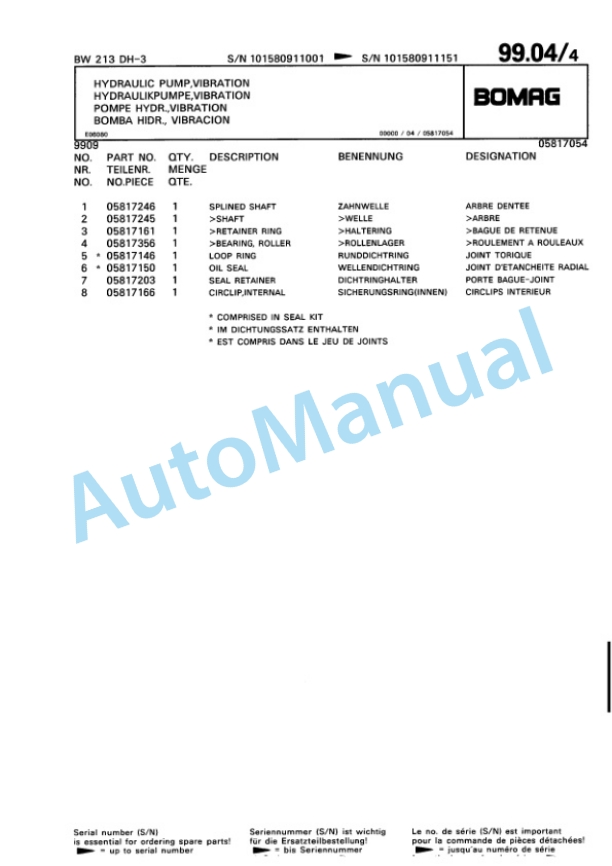 Bomag BW 213 DH-3 Single Drum Wheel Drive Vibratory Roller Spare Parts Catalogue 00815391-2