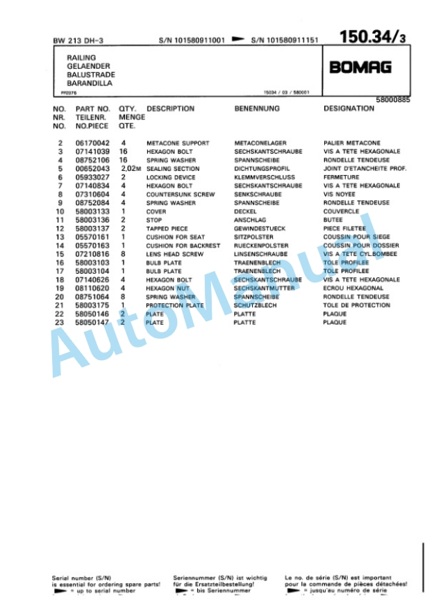 Bomag BW 213 DH-3 Single Drum Wheel Drive Vibratory Roller Spare Parts Catalogue 00815391-3