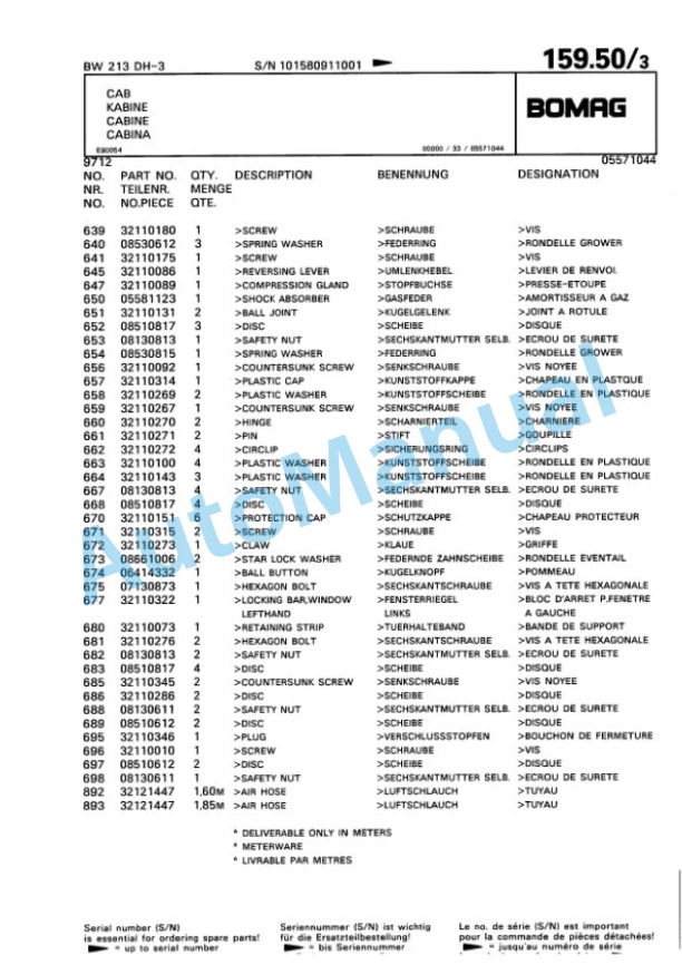 Bomag BW 213 DH-3 Single Drum Wheel Drive Vibratory Roller Spare Parts Catalogue 00815391-5