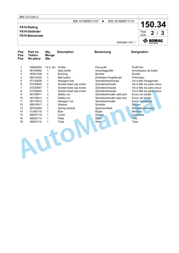 Bomag BW 213 DH-3 Single Drum Wheel Drive Vibratory Roller Spare Parts Catalogue 00817526-3