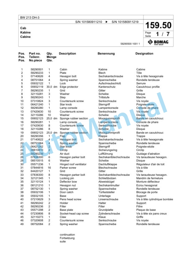 Bomag BW 213 DH-3 Single Drum Wheel Drive Vibratory Roller Spare Parts Catalogue 00817526-4