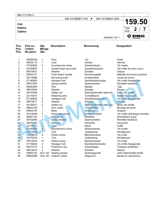 Bomag BW 213 DH-3 Single Drum Wheel Drive Vibratory Roller Spare Parts Catalogue 00817526-5
