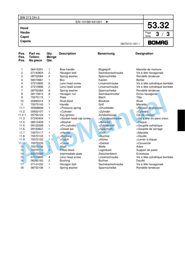 Bomag BW 213 DH-3 Single Drum Wheel Drive Vibratory Roller Spare Parts Catalogue 00817589-2