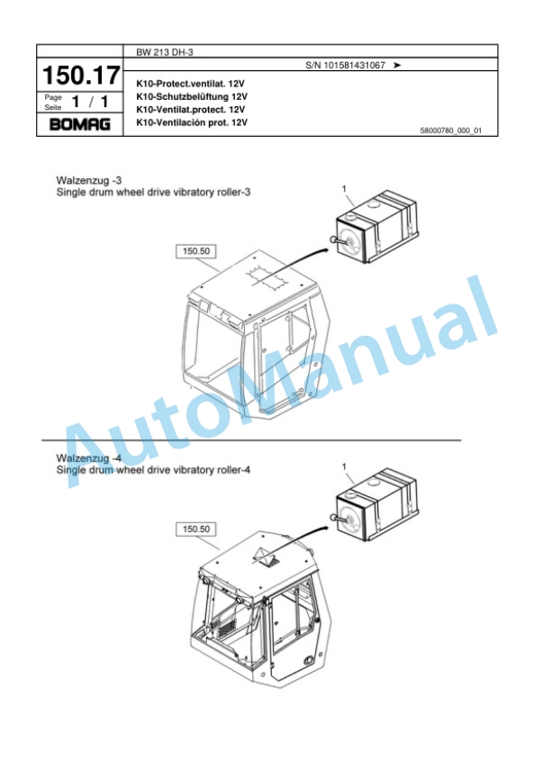 Bomag BW 213 DH-3 Single Drum Wheel Drive Vibratory Roller Spare Parts Catalogue 00817589-4