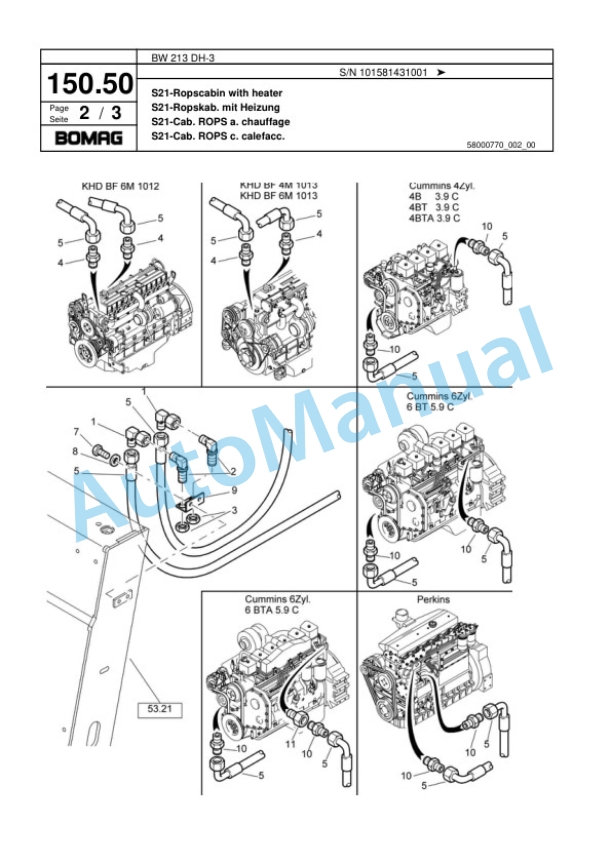 Bomag BW 213 DH-3 Single Drum Wheel Drive Vibratory Roller Spare Parts Catalogue 00817589-5
