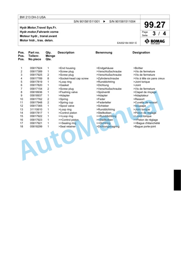Bomag BW 213 DH-3 USA Single Drum Wheel Drive Vibratory Roller Spare Parts Catalogue 00817671-3