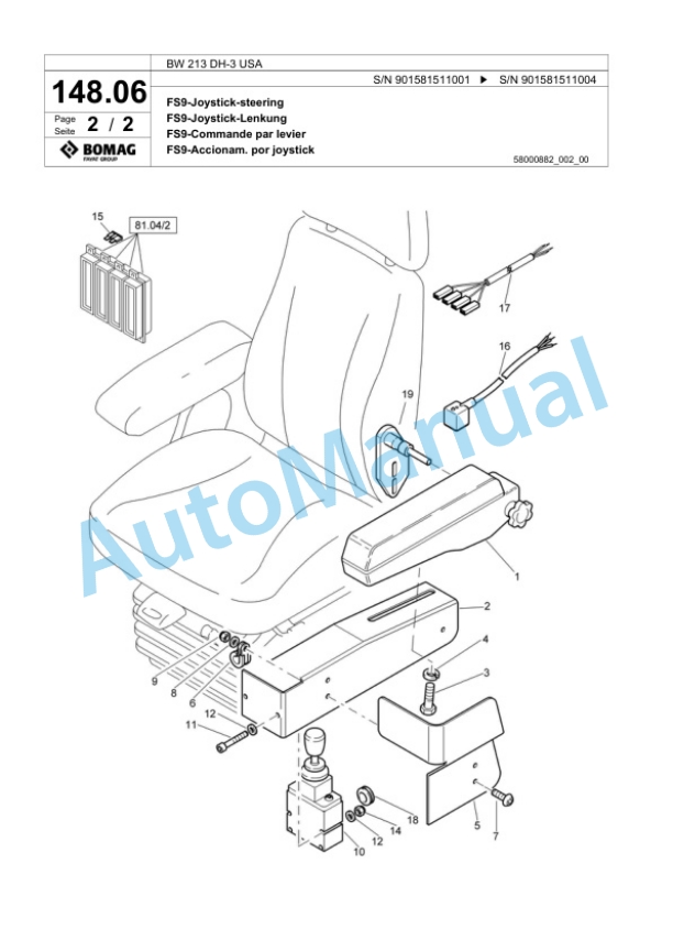 Bomag BW 213 DH-3 USA Single Drum Wheel Drive Vibratory Roller Spare Parts Catalogue 00817671-4