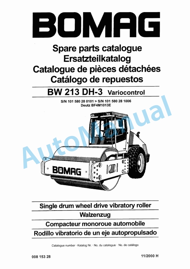 Bomag BW 213 DH-3 Variocontrol Single Drum Wheel Drive Vibratory Roller Spare Parts Catalogue 00815328