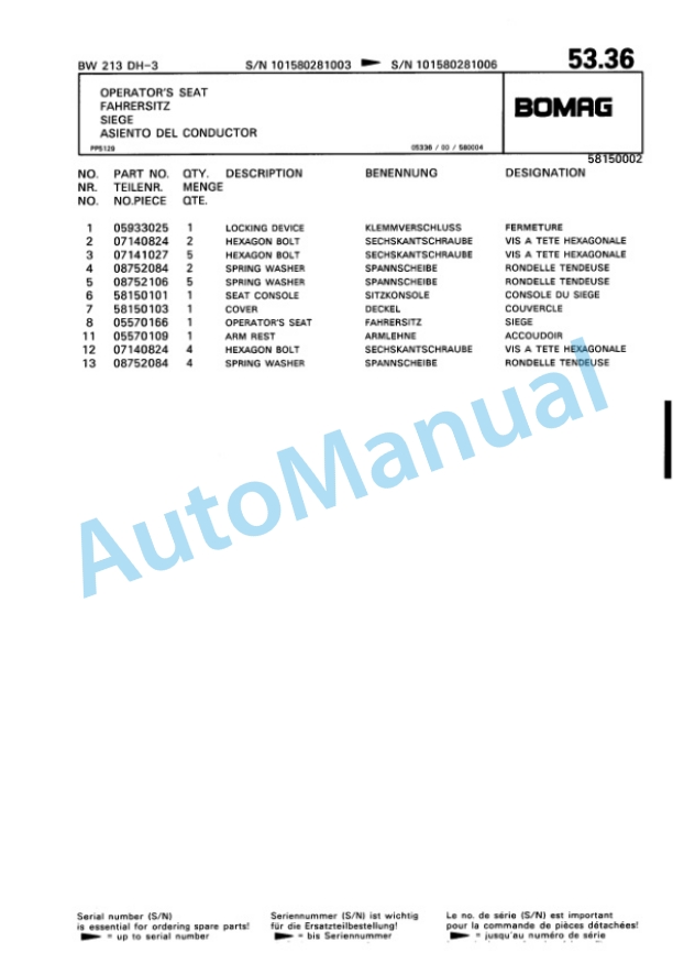 Bomag BW 213 DH-3 Variocontrol Single Drum Wheel Drive Vibratory Roller Spare Parts Catalogue 00815328-2