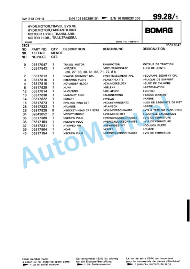 Bomag BW 213 DH-3 Variocontrol Single Drum Wheel Drive Vibratory Roller Spare Parts Catalogue 00815328-3