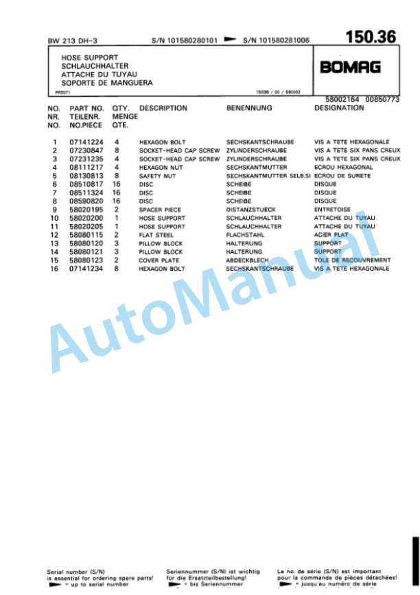 Bomag BW 213 DH-3 Variocontrol Single Drum Wheel Drive Vibratory Roller Spare Parts Catalogue 00815328-4