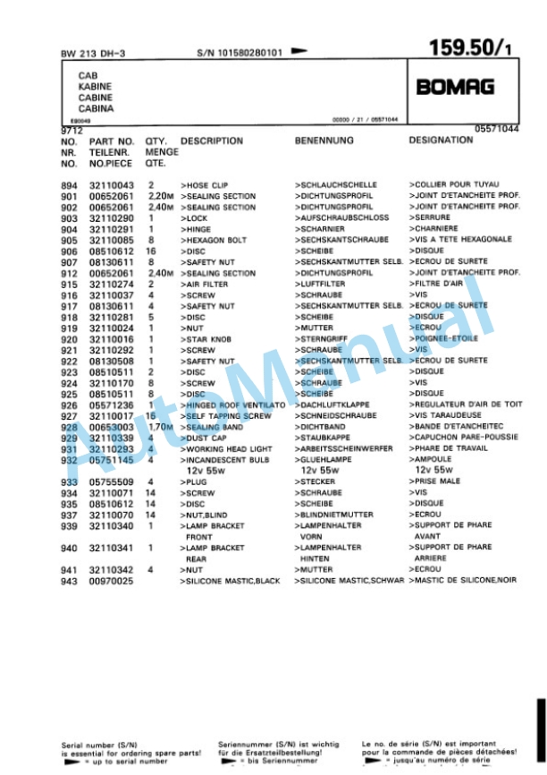 Bomag BW 213 DH-3 Variocontrol Single Drum Wheel Drive Vibratory Roller Spare Parts Catalogue 00815328-5
