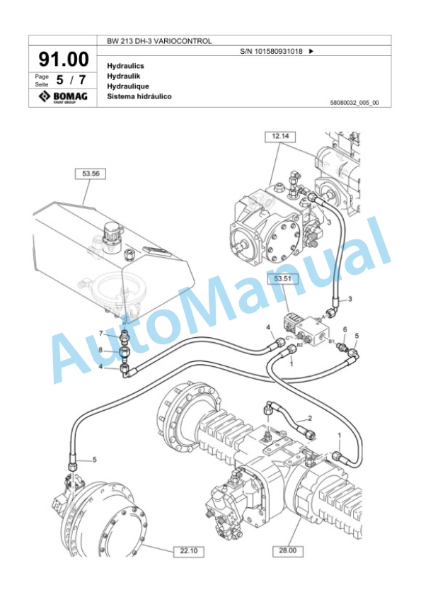 Bomag BW 213 DH-3 VARIOCONTROL Single Drum Wheel Drive Vibratory Roller Spare Parts Catalogue 00817527-2