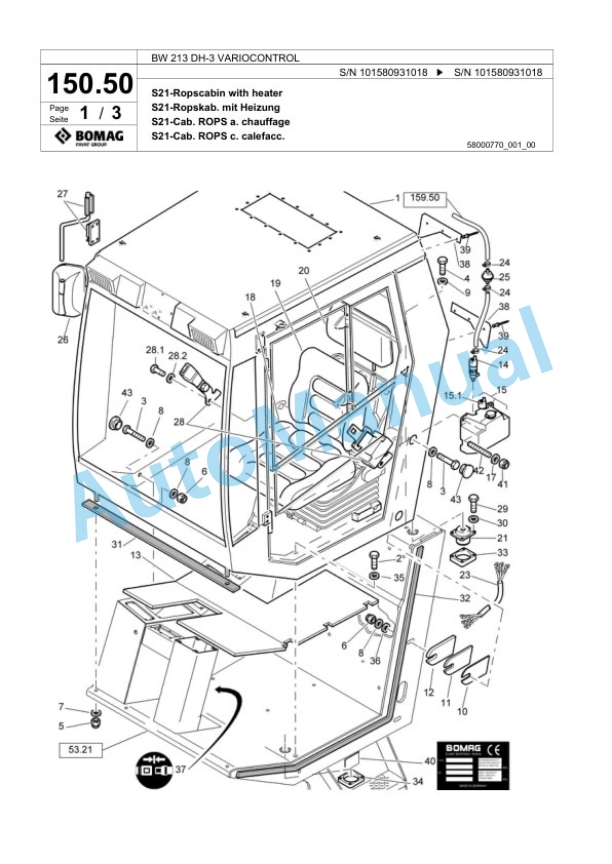 Bomag BW 213 DH-3 VARIOCONTROL Single Drum Wheel Drive Vibratory Roller Spare Parts Catalogue 00817527-4