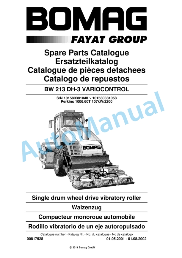 Bomag BW 213 DH-3 VARIOCONTROL Single Drum Wheel Drive Vibratory Roller Spare Parts Catalogue 00817528