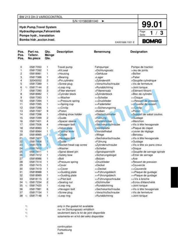Bomag BW 213 DH-3 VARIOCONTROL Single Drum Wheel Drive Vibratory Roller Spare Parts Catalogue 00817528-2