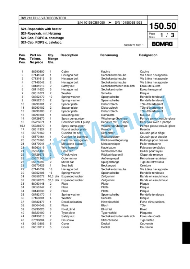 Bomag BW 213 DH-3 VARIOCONTROL Single Drum Wheel Drive Vibratory Roller Spare Parts Catalogue 00817528-4