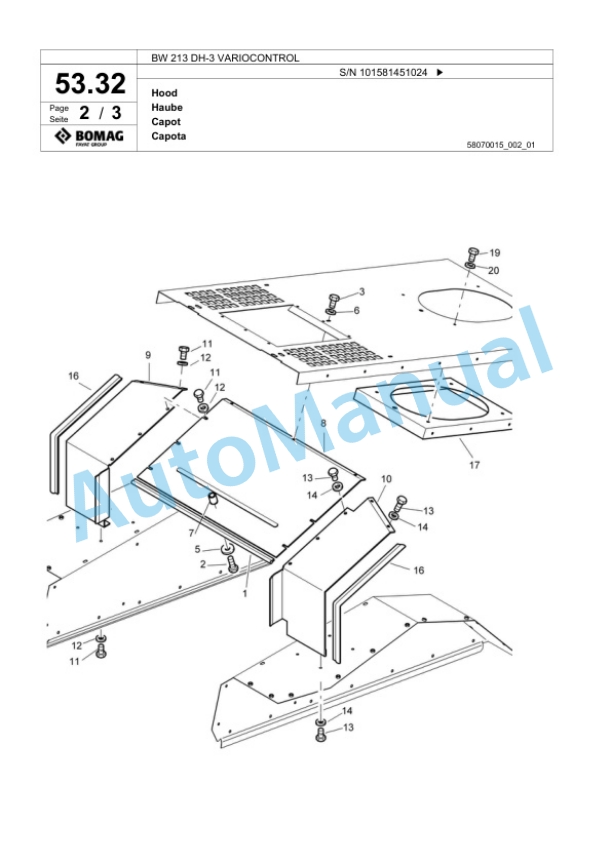 Bomag BW 213 DH-3 VARIOCONTROL Single Drum Wheel Drive Vibratory Roller Spare Parts Catalogue 00817591-2