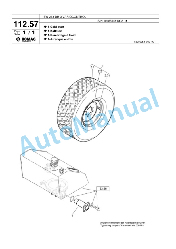 Bomag BW 213 DH-3 VARIOCONTROL Single Drum Wheel Drive Vibratory Roller Spare Parts Catalogue 00817591-4
