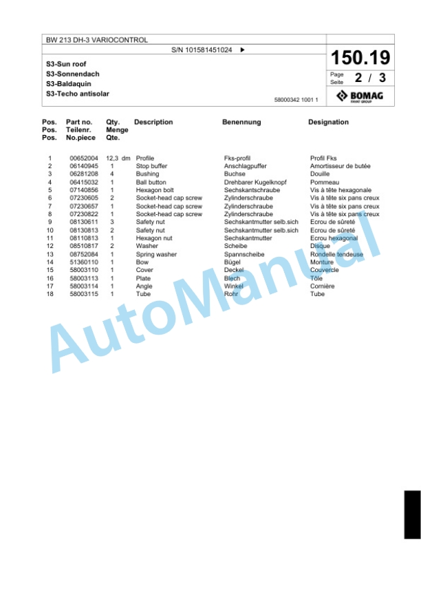 Bomag BW 213 DH-3 VARIOCONTROL Single Drum Wheel Drive Vibratory Roller Spare Parts Catalogue 00817591-5