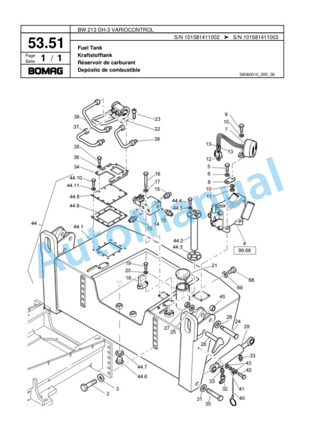 Bomag BW 213 DH-3 VARIOCONTROL Single Drum Wheel Drive Vibratory Roller Spare Parts Catalogue 00817605-2