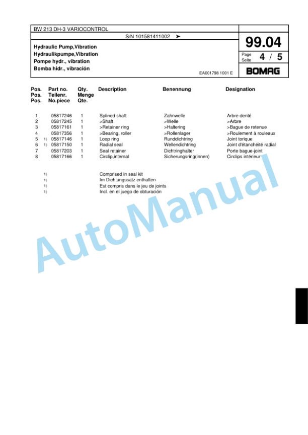 Bomag BW 213 DH-3 VARIOCONTROL Single Drum Wheel Drive Vibratory Roller Spare Parts Catalogue 00817605-3