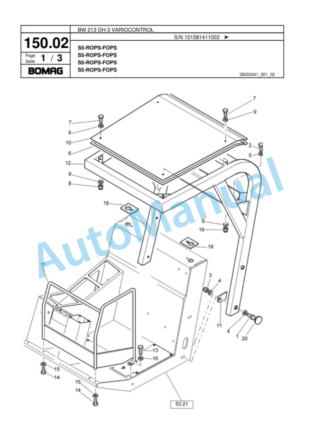 Bomag BW 213 DH-3 VARIOCONTROL Single Drum Wheel Drive Vibratory Roller Spare Parts Catalogue 00817605-4