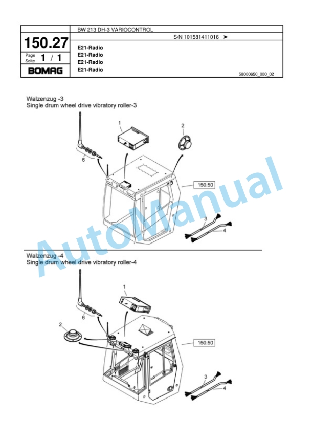 Bomag BW 213 DH-3 VARIOCONTROL Single Drum Wheel Drive Vibratory Roller Spare Parts Catalogue 00817605-5