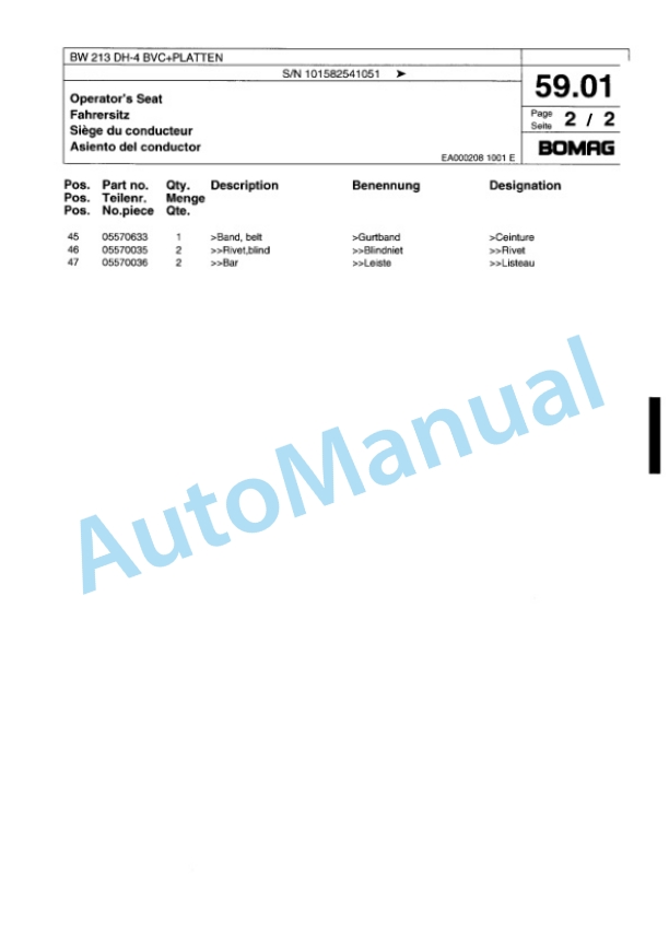 Bomag BW 213 DH-4 BVC Plus PLATTEN Single Drum Wheel Drive Vibratory Roller Spare Parts Catalogue 00817780-2