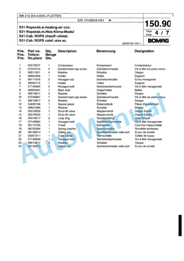 Bomag BW 213 DH-4 BVC Plus PLATTEN Single Drum Wheel Drive Vibratory Roller Spare Parts Catalogue 00817780-5