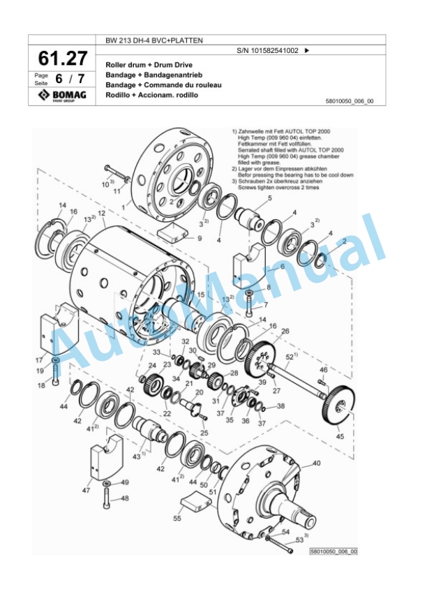 Bomag BW 213 DH-4 BVC Plus PLATTEN Single Drum Wheel Drive Vibratory Roller Spare Parts Catalogue 00817781-2
