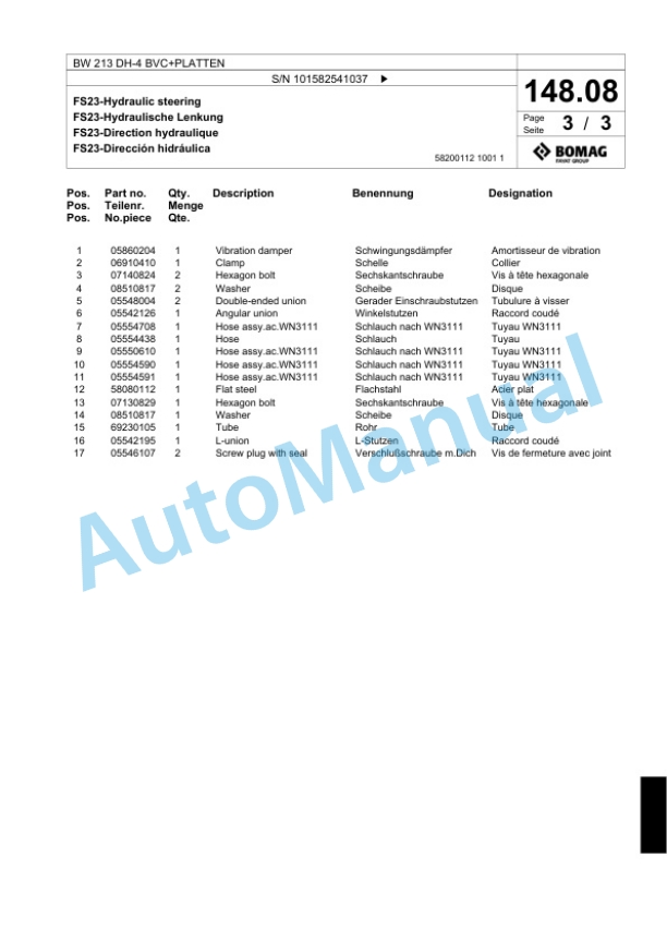 Bomag BW 213 DH-4 BVC Plus PLATTEN Single Drum Wheel Drive Vibratory Roller Spare Parts Catalogue 00817781-4