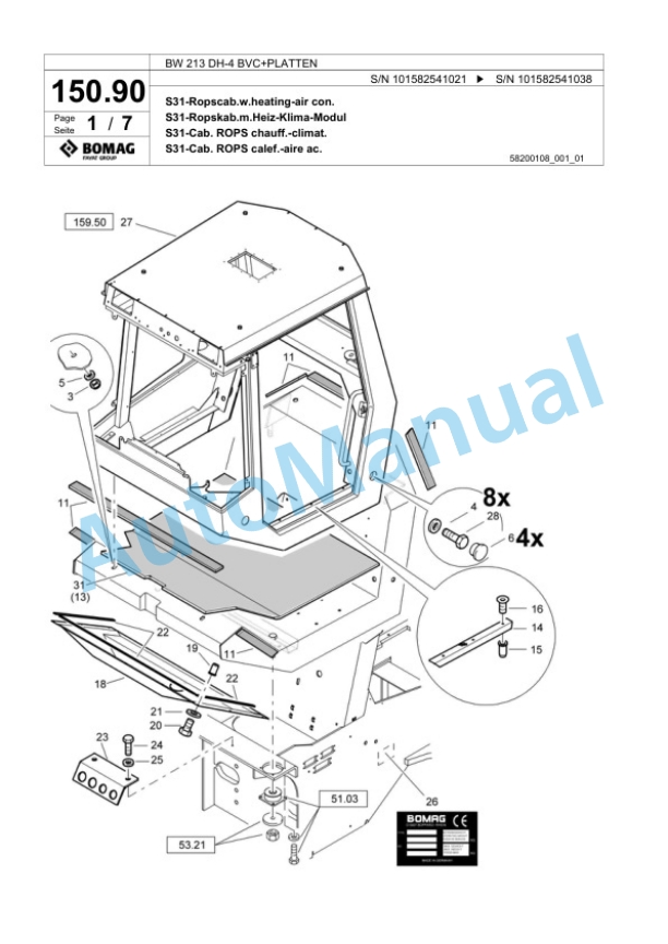 Bomag BW 213 DH-4 BVC Plus PLATTEN Single Drum Wheel Drive Vibratory Roller Spare Parts Catalogue 00817781-5