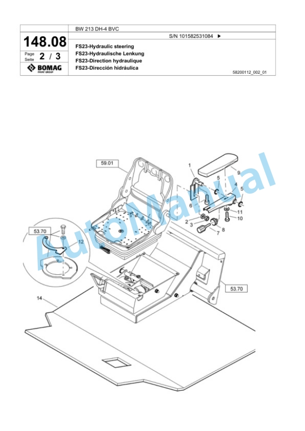Bomag BW 213 DH-4 BVC Single Drum Wheel Drive Vibratory Roller Spare Parts Catalogue 00817779-4