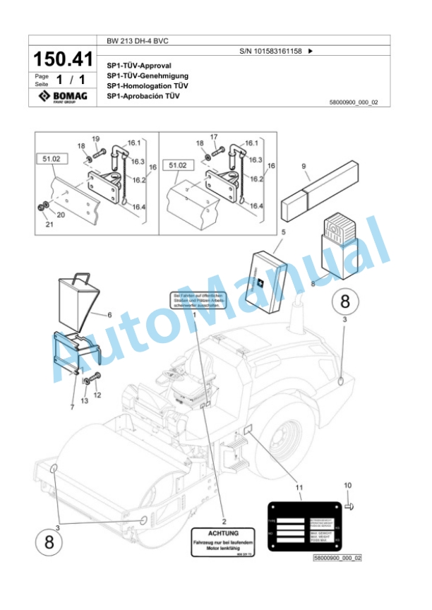 Bomag BW 213 DH-4 BVC Single Drum Wheel Drive Vibratory Roller Spare Parts Catalogue 00818123-4