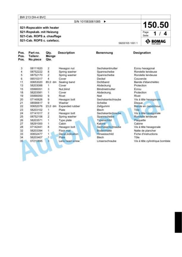 Bomag BW 213 DH-4 BVC Single Drum Wheel Drive Vibratory Roller Spare Parts Catalogue 00818289-4