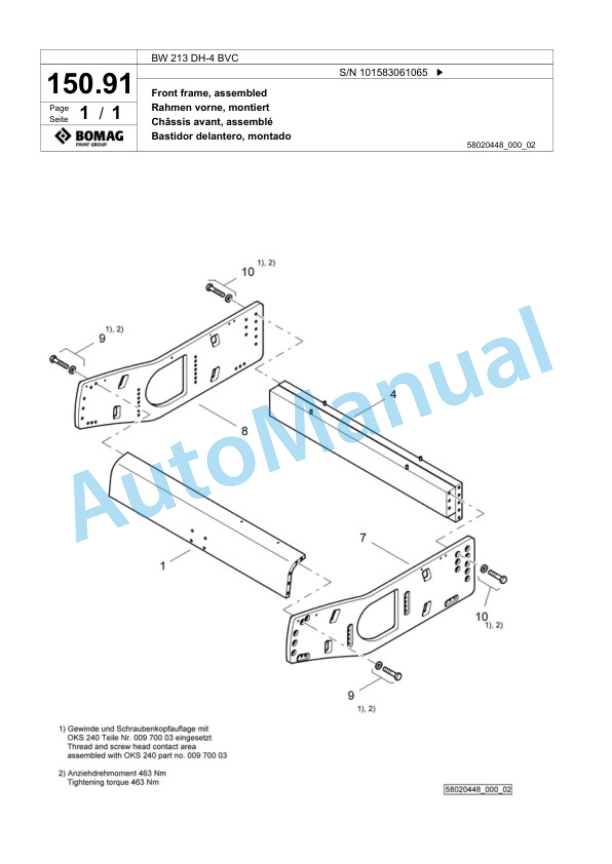 Bomag BW 213 DH-4 BVC Single Drum Wheel Drive Vibratory Roller Spare Parts Catalogue 00818289-5