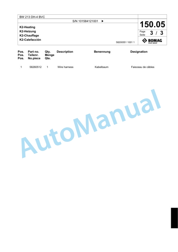 Bomag BW 213 DH-4 BVC Single Drum Wheel Drive Vibratory Roller Spare Parts Catalogue 00824041-4