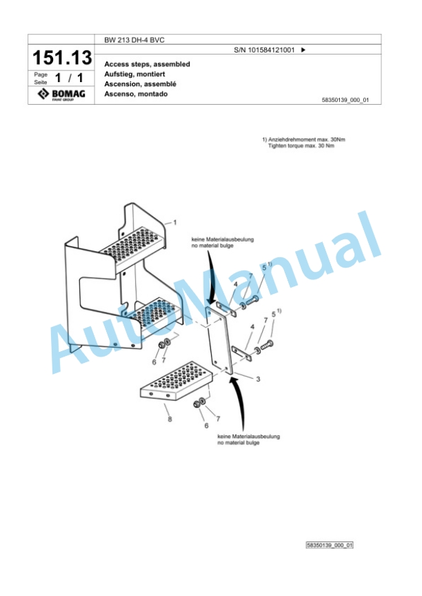 Bomag BW 213 DH-4 BVC Single Drum Wheel Drive Vibratory Roller Spare Parts Catalogue 00824041-5