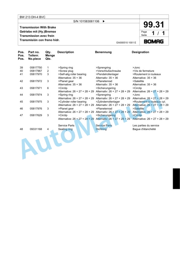 Bomag BW 213 DH-4 BVC Single Drum Wheel Drive Vibratory Roller Spare Parts Catalogue 00824143-3
