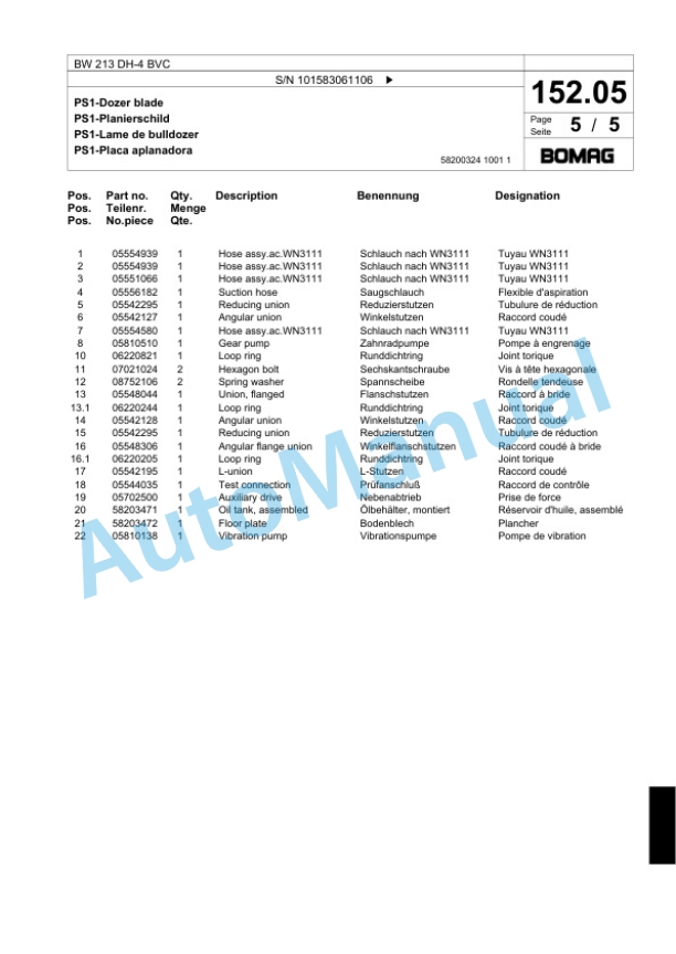 Bomag BW 213 DH-4 BVC Single Drum Wheel Drive Vibratory Roller Spare Parts Catalogue 00824143-5