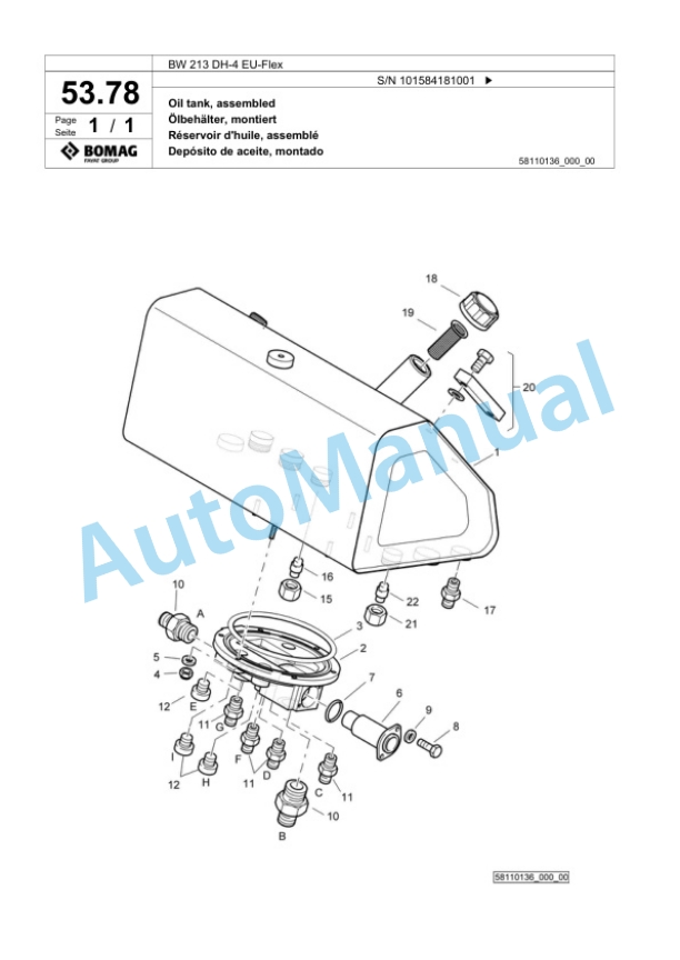 Bomag BW 213 DH-4 EU-Flex Single Drum Wheel Drive Vibratory Roller Spare Parts Catalogue 00824433-2