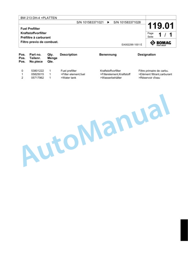 Bomag BW 213 DH-4 Plus PLATTEN Single Drum Wheel Drive Vibratory Roller Spare Parts Catalogue 00818437-3